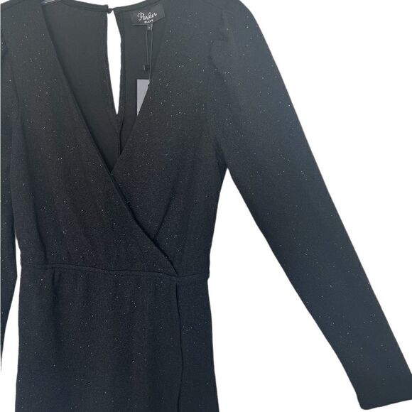Parker Black Long Sleeve V-Neck Crossover Shimmer Black Cocktail Dress - Picture 6 of 8